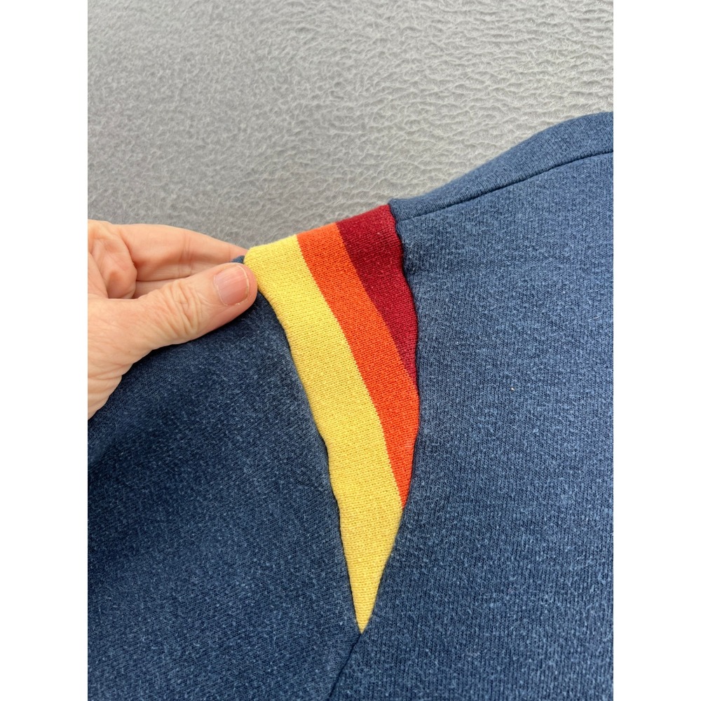 Marine Layer Sweatshirt Mens L Blue Rainbow Stripe Shoulder Pullover Hoodie - Picture 4 of 11